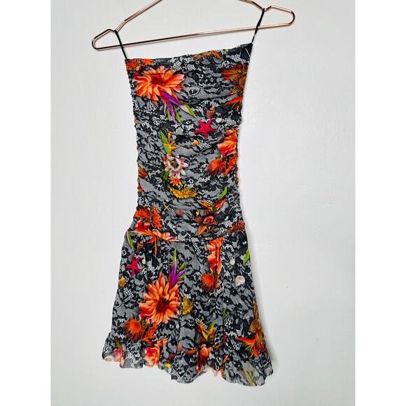 FUZZI Black Red Floral Strapless Lace Mesh Romper Size Medium - Picture 4 of 13